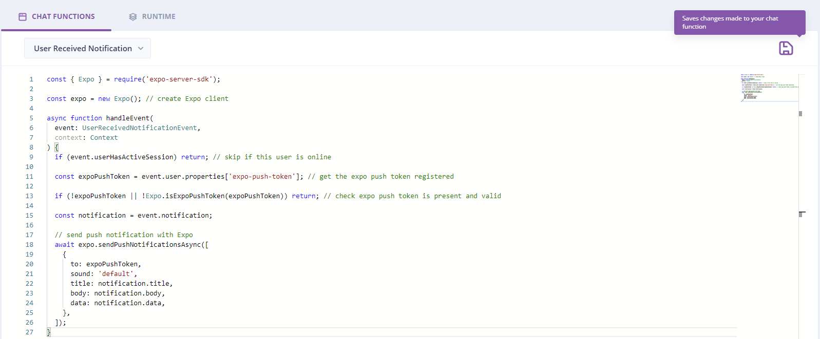 Screenshot: ChatKitty chat function user received notification