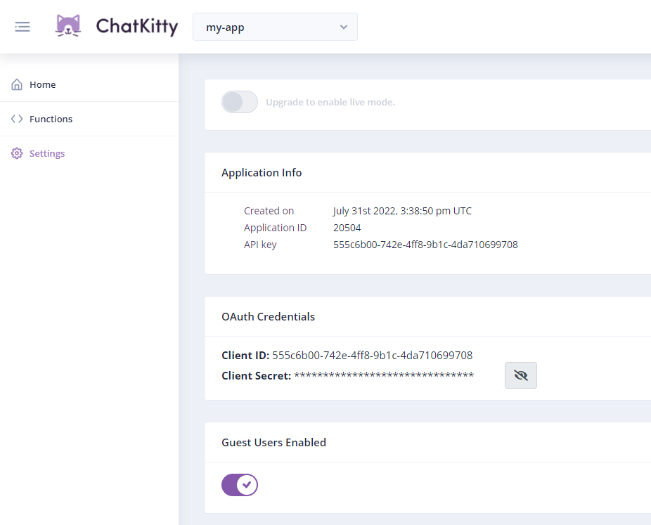 Dashboard screenshot: update application settings